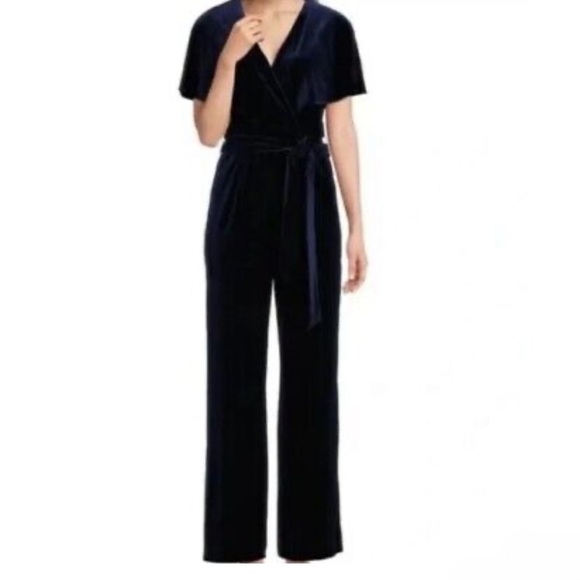 Alex Marie Beth Navy Velvet Jumpsuit Size 14 Faux Wrap Cap Sleeve - Picture 1 of 11